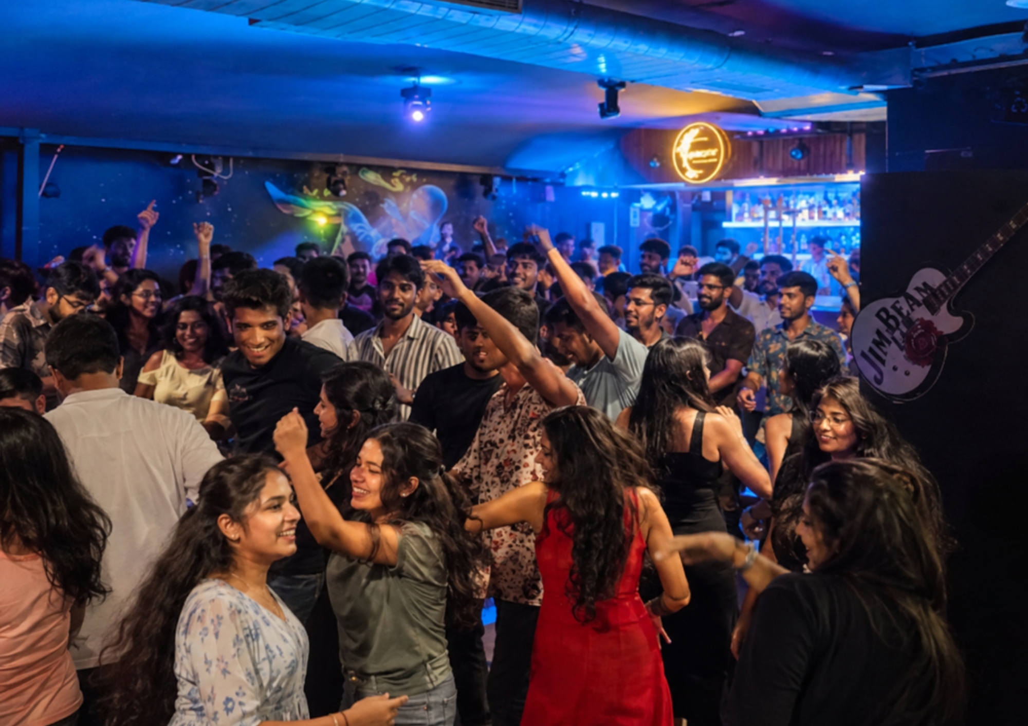 Busy indoor dance floor under blue lights at Gravity Restopub
