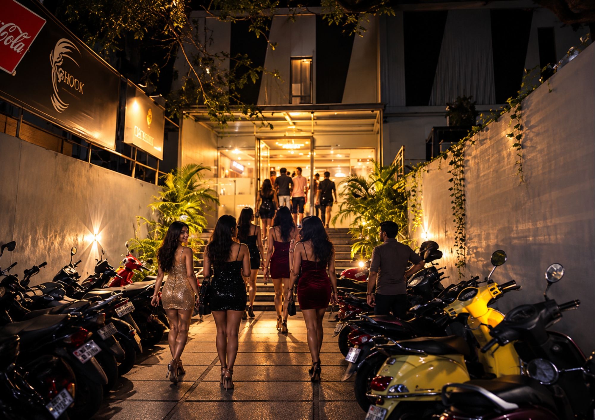 Guests walking up the lit entrance steps to Gravity in Pondicherry
